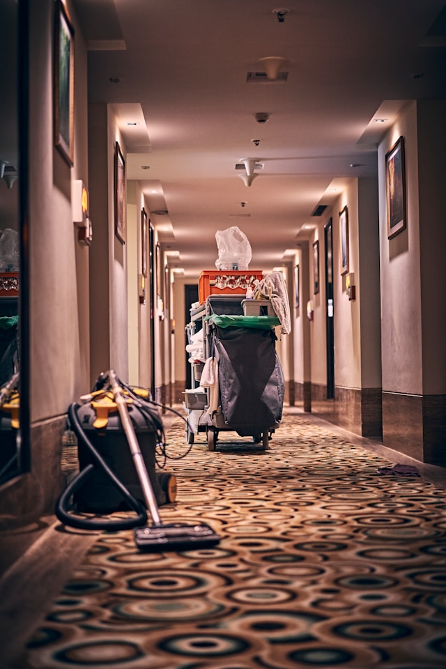 Janitorial cart in corridor